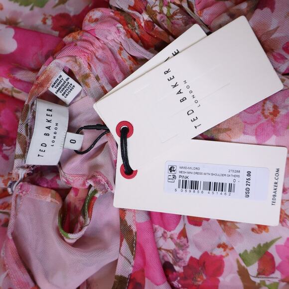 TED BAKER NWT Mildrd Mesh Mini Dress Pink Ruffle Shoulder Gathers Women's 0 - Picture 10 of 10